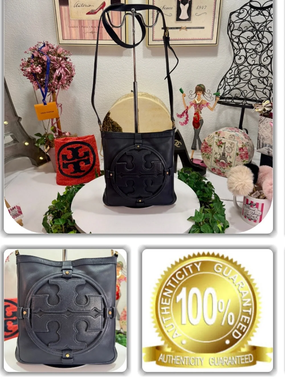 ALLURING TORY BURCH BLUE LEATHER FLEMMING LARGE T LOGO CROSSBODY BAG!
